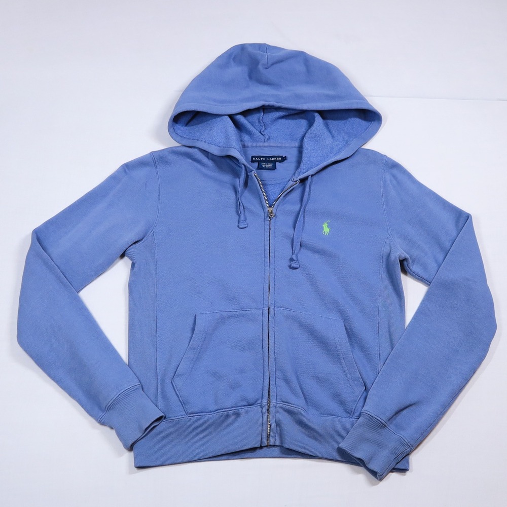 Ralph Lauren Full Zip Hoodie Womens Small Blue Lime Green Pony Logo Sweatshirt